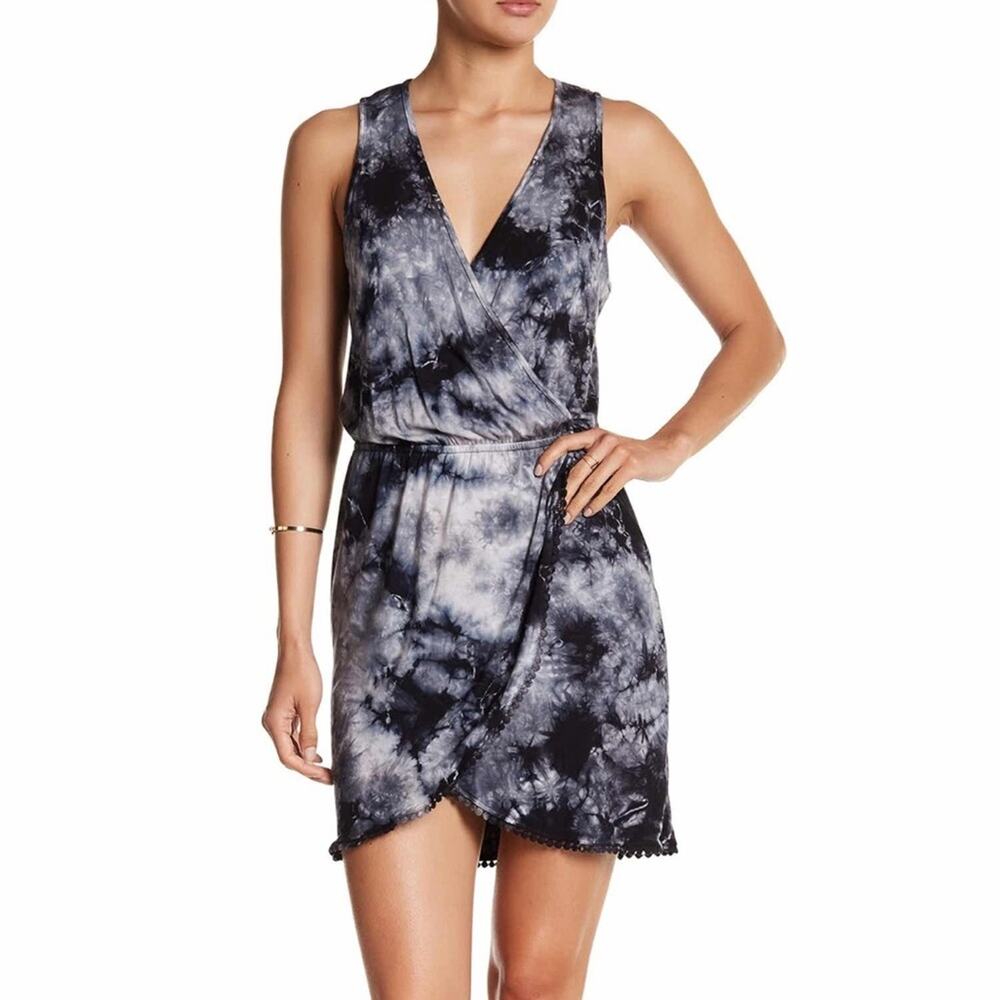 GREEN DRAGON Womens Tie Dye Wrap Front V-Neck Tank Top Dress Black Grey Size XS